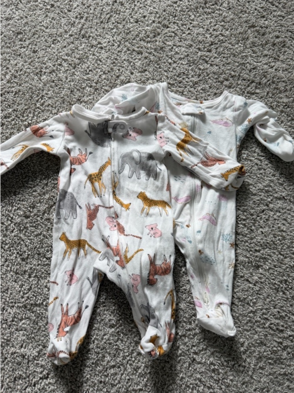 Carter's White Safari Animal Footed One-Piece with Pastel Accents
